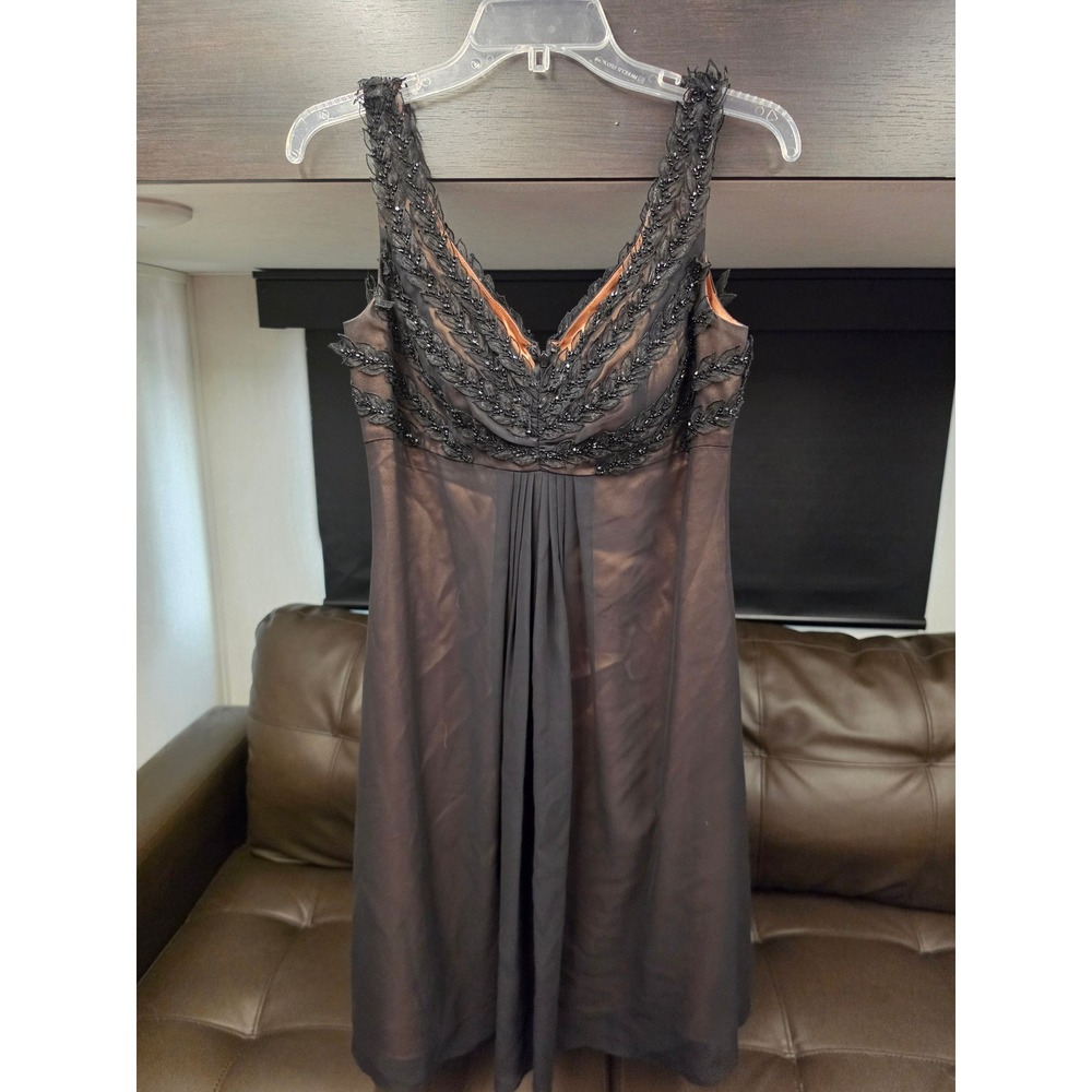 JS Boutique Black Beaded Leaf Cocktail Dress Bronze Lining V-Neck Size 8